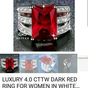 Sz. 6 18kt WGF 4ctw red Zircon princess cut ring